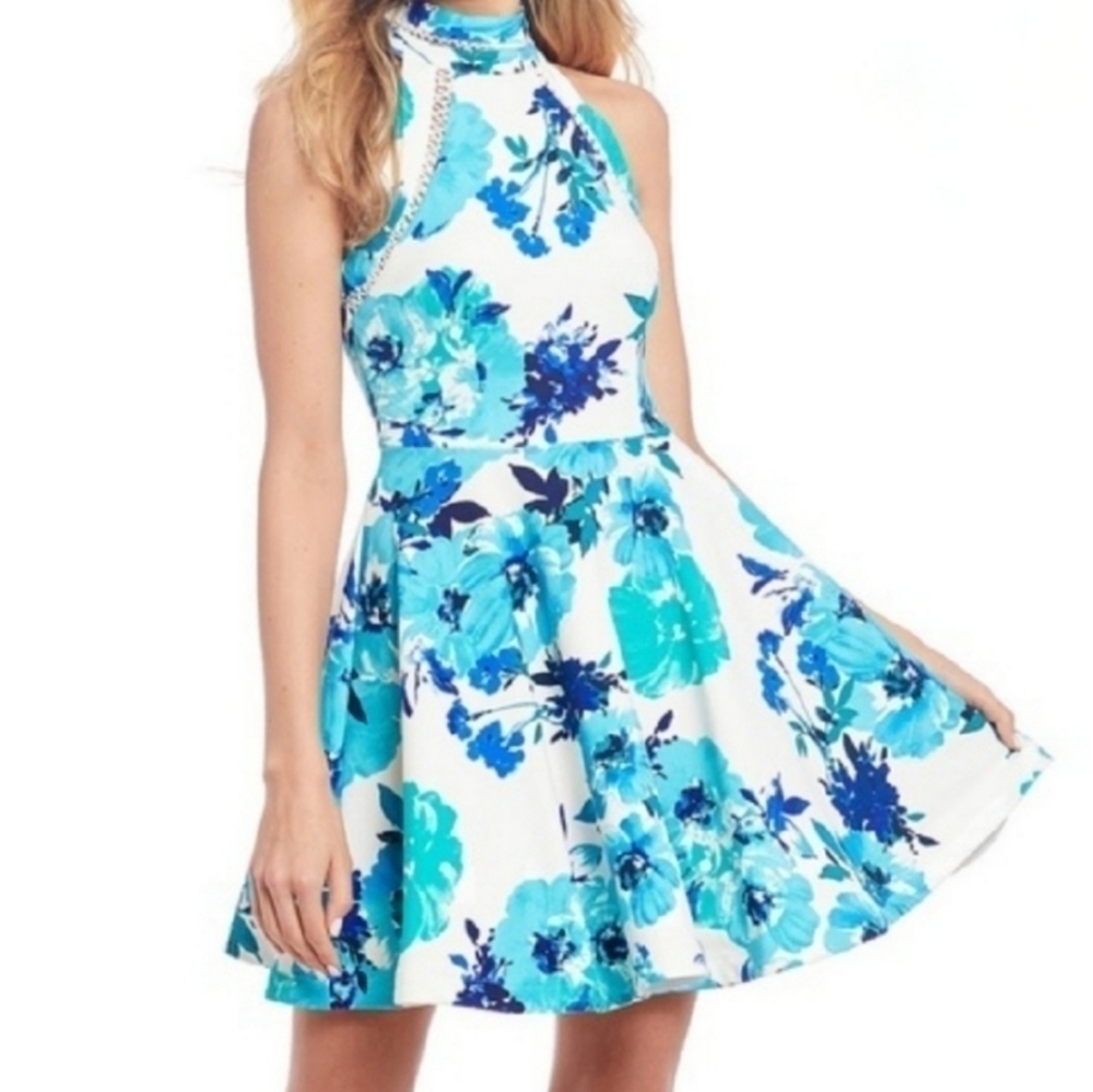 B Darlin Floral Fit and Flare Mock Neck Crochet Trim Dress Turquoise Blue 5 / 6 - Picture 10 of 10